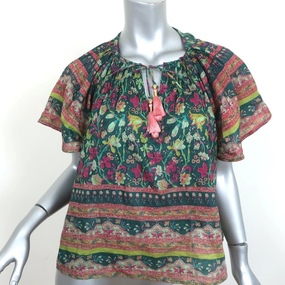 Bell Tassel Blouse Green Floral Print Cotton-Silk Size Medium Flutter Sleeve Top